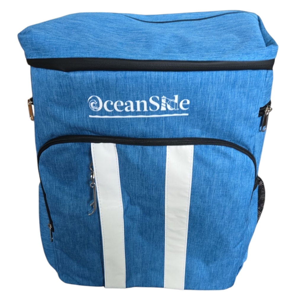 OceanSide Backpack Cooler Bag. Blue with White Stripes